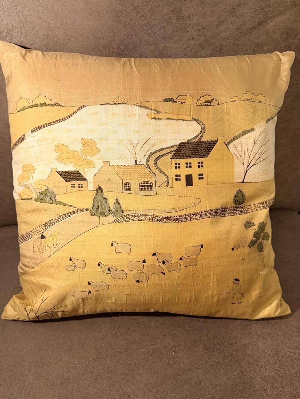 Vintage 100% Thai Silk Farmhouse Countryside Landscape Pillow Cover w/ Pillow